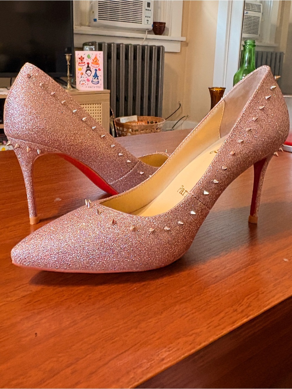 Christian Louboutin Rose Gold Glitter Studded Pointed-Toe Pumps